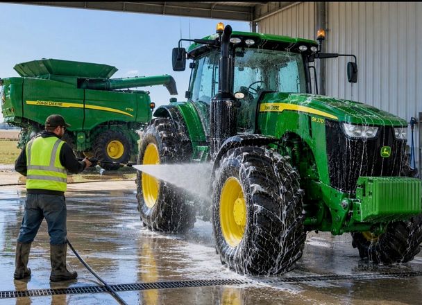 A worker in a hi-vis vest pressure-washing a green tractor on a wash pad, a combine behind
